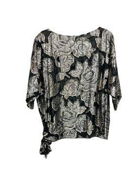 Vintage Silver Sparkling Top Boat Neck Rose Print Celebration Metallic